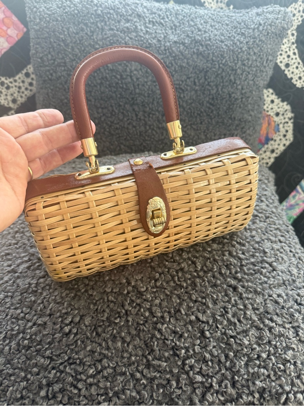 Vintage Woven Rattan Handbag with Brown Leather Trim